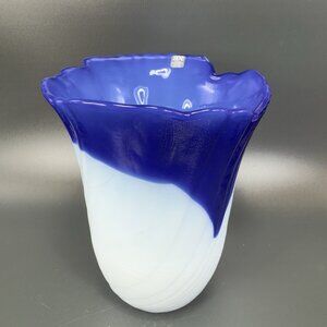 Mats Jonasson Sweden Art Glass Vase Blue Milk Glass Swirl Vintage Glassware VTG